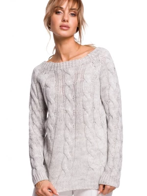 Sweter damski ażurowy ze splotem typu warkocz szary Polskie swetry