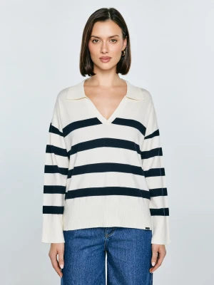 Sweter damski polo w pasy kremowo-czarne Alina 100 BIG STAR