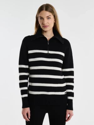 Sweter damski w czarno-białe paski rozpinany z dodatkiem kaszmiru Stripalia 906 BIG STAR