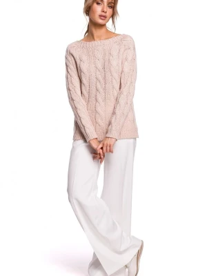 Sweter damski ze splotem typu warkocz pudrowy róż Polskie swetry