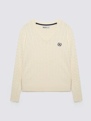 Sweter damski ze splotem warkoczowym z dekoltem v-neck kremowy Nisa 100 BIG STAR
