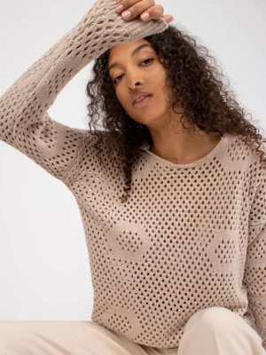 Sweter dla kobiet z kapturem - beżowy ażurowy RUE PARIS