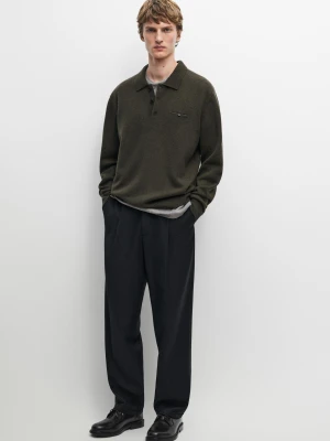 Sweter Dzianinowy 100% Wełny Z Kołnierzykiem Polo - Szarawozielony - Massimo Dutti - Male