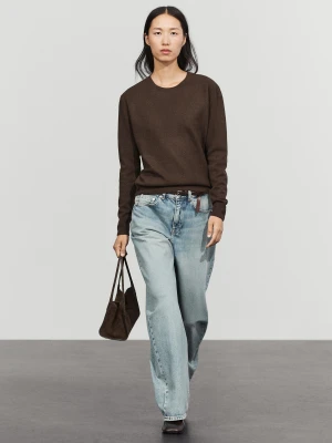 Sweter Dzianinowy, Okrągły Dekolt, Domieszka Wełny - Popielaty Brąz - Massimo Dutti - Female