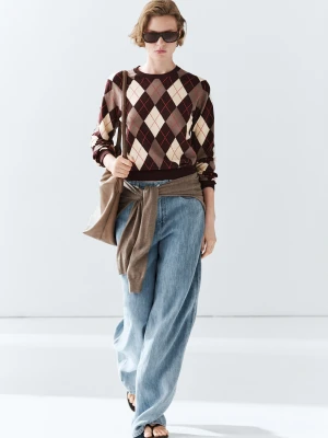 Sweter Dzianinowy Z Bawełny 100% W Romby - Bordowy - - Massimo Dutti - Kobieta