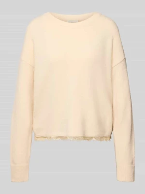 sweter z dzianiny o kroju relaxed fit z koronką milano italy Piaskowy