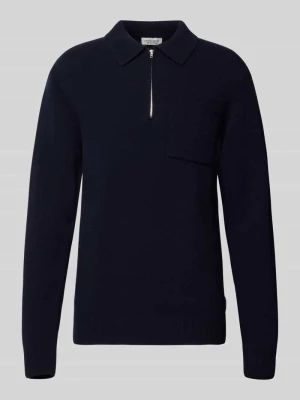 Sweter dzianinowy z mieszanki wełny z kołnierzykiem polo Model 'FELIPO' Casual Friday Granatowy melanż