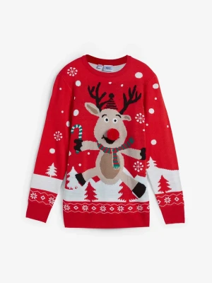 Sweter dziecięcy z bożonarodzeniowym motywem BonPrix czerwony
