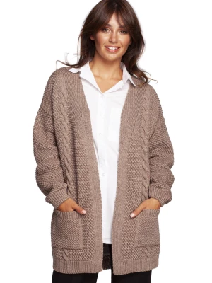 Sweter kardigan bez zapięcia z ozdobnym splotem i kieszeniami beż BE Knit