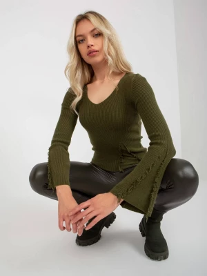 Sweter klasyczny khaki casual dekolt w kształcie V rękaw długi frędzle materiał prążkowany Merg selection