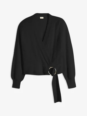 Sweter kopertowy z ozdobnym elementem BonPrix czarny