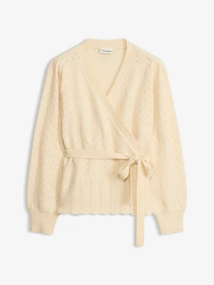 Sweter kopertowy z rękawami bufkami BonPrix beżowy