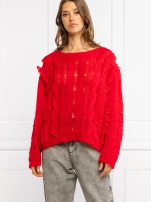 Sweter maxi z domieszką moheru z frędzlami czerwony TWINSET