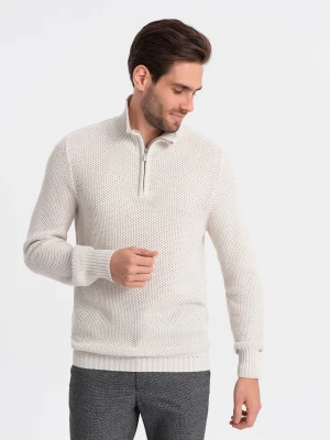 Sweter męski dzianinowy z rozpinaną stójką - kremowy V1 - Rozmiar: XL Ombre Clothing