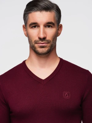 Sweter męski elegancki BASIC V-neck z wiskozą – bordowy V13 - Rozmiar: M Ombre Clothing