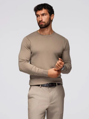 Sweter męski klasyczny z wiskozą BASIC z okrągłym dekoltem – ciemnobeżowy V15 - Rozmiar: M Ombre Clothing