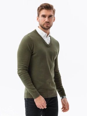 Zdjęcie produktu Sweter męski z białym kołnierzykiem - oliwkowy V5 - Rozmiar: S Ombre Clothing