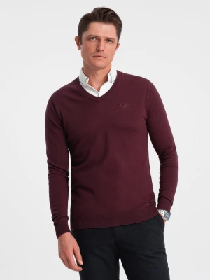Sweter męski z dekoltem "w serek" z koszulowym kołnierzykiem - bordowy V8 - Rozmiar: L Ombre Clothing