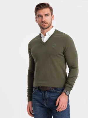 Sweter męski z dekoltem "w serek" z koszulowym kołnierzykiem - ciemnooliwkowy V5 Ombre Clothing