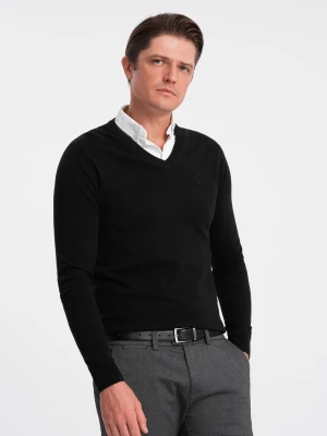 Sweter męski z dekoltem "w serek" z koszulowym kołnierzykiem - czarny V1 Ombre Clothing