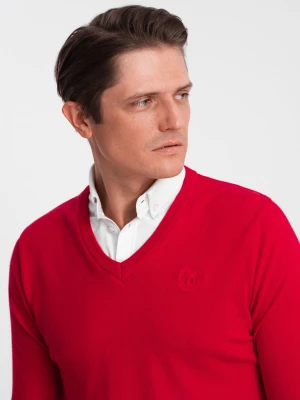 Sweter męski z dekoltem "w serek" z koszulowym kołnierzykiem - czerwony V4 OM-SWSW-0102
 -                                    XL