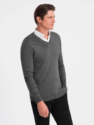 Sweter męski z dekoltem "w serek" z koszulowym kołnierzykiem - grafitowy V3 - Rozmiar: L Ombre Clothing