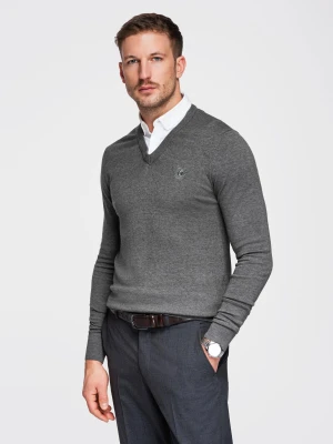 Sweter męski z dekoltem "w serek" z koszulowym kołnierzykiem - grafitowy V3 - Rozmiar: M Ombre Clothing