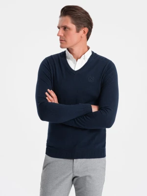 Sweter męski z dekoltem "w serek" z koszulowym kołnierzykiem - granatowy V2 Ombre Clothing