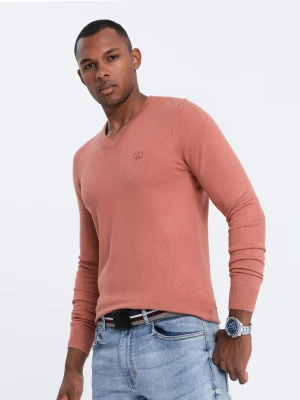 Sweter męski z haftem - różowy V18 - Rozmiar: XXL Ombre Clothing