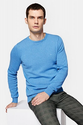 Sweter Niebieski z Bawełną Gładki Tony Lancerto