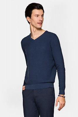 Sweter Niebieski Bawełniany w Serek Xander Lancerto