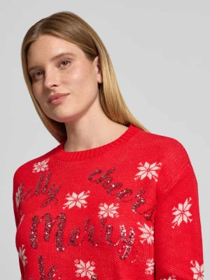 sweter o kroju regular fit z napisem z cekinów model 'VMJOLLY' Vero Moda Czerwony