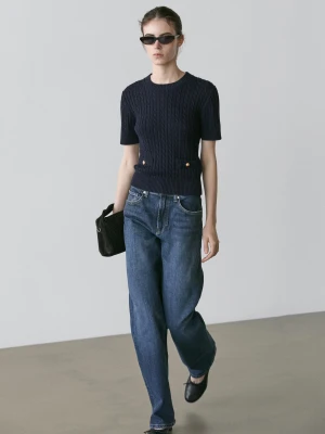 Sweter O Splocie Warkoczowym Z Krótkim Rękawem - Granatowy - - Massimo Dutti - Kobieta