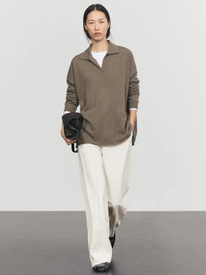 Sweter Oversize, 100% Kaszmir, Kołnierzyk Polo - Ziel Pop - Massimo Dutti - Female