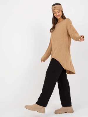 Sweter oversize camelowy casual dekolt łódka rękaw długi długość długa Och bella