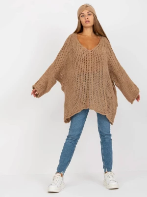 Sweter oversize ciemny bezowy casual dekolt w kształcie V rękaw długi Och bella