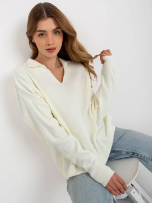 Sweter oversize ecru casual dekolt kołnierzyk w kształcie V rękaw długi Merg selection