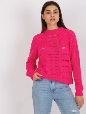 Sweter oversize fluo różowy casual ażurowy dekolt okrągły rękaw długi długość długa Badu