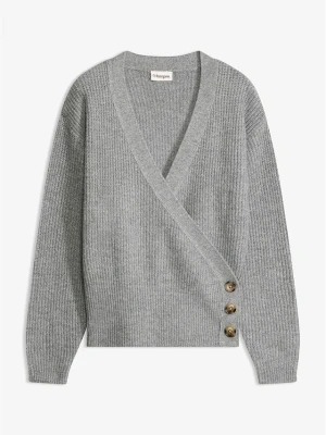 Sweter oversize z dekoltem kopertowym BonPrix szary