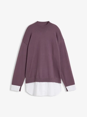 Sweter oversize z doszywaną koszulą BonPrix fioletowy