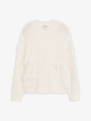 Sweter oversize z frędzlami BonPrix biały