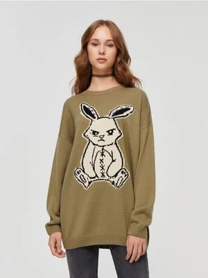 Sweter oversize z motywek królika zielony House