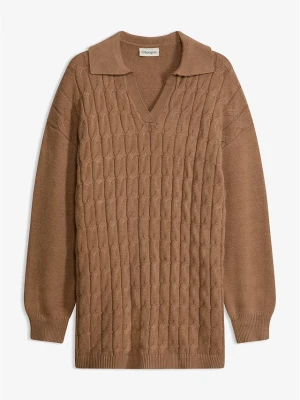 Sweter oversize z warkoczowym splotem BonPrix brązowy