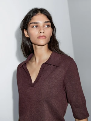 Sweter Polo Z Dekoltem W Serek I Krótkim Rękawem - Bordowy - - Massimo Dutti - Kobieta