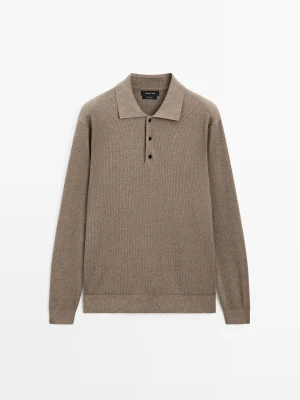 Zdjęcie produktu Sweter Polo Z Dzianiny Bawełnianej Z Guzikami - Ciemnobeżowy - - Massimo Dutti - Mężczyzna