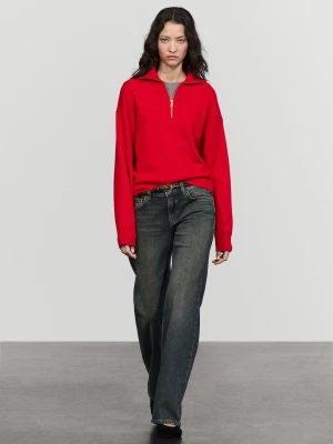 Sweter Polo Z Dzianiny Ze Stójką Zapinaną Na Suwak I Bawełną - Czerwony - Massimo Dutti - Female