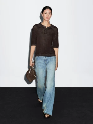 Sweter Polo Z Kontrastowym Kołnierzykiem - Czekoladowy - - Massimo Dutti - Kobieta