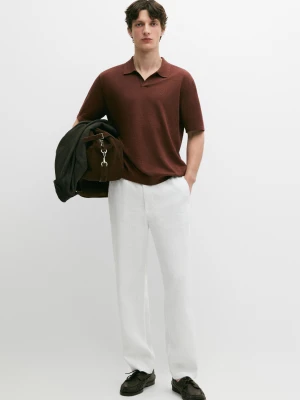 Zdjęcie produktu Sweter Polo Z Lnu Z Dekoltem W Serek - Ognista Pomarańcza - - Massimo Dutti - Mężczyzna