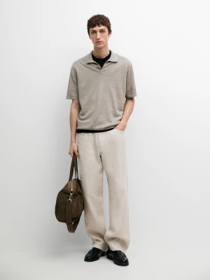 Zdjęcie produktu Sweter Polo Z Lnu Z Dekoltem W Serek - Szary Naturalny - - Massimo Dutti - Mężczyzna