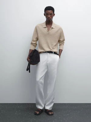 Sweter Polo Z Melanżowej Dzianiny Z Mieszanki Lnu - Beżowy - - Massimo Dutti - Mężczyzna